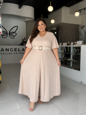 VESTIDO MIDI TEXTURIZADO BEIGE CON ABERTURA FRONTAL 25139