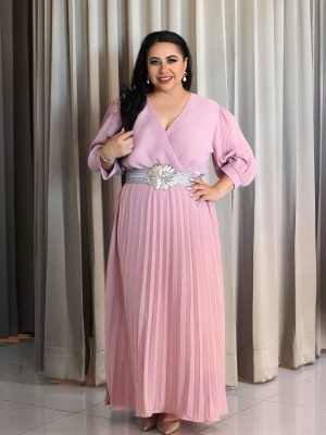VESTIDO PLIZADO ROSA CON CUERPO CRUZADO 4000