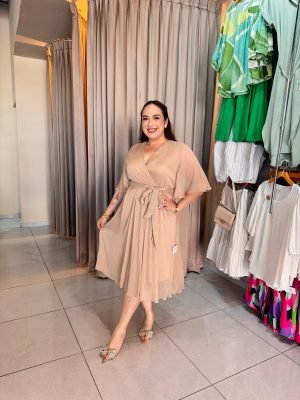 VESTIDO MIDI CRUZADO COLOR BEIGE 25083