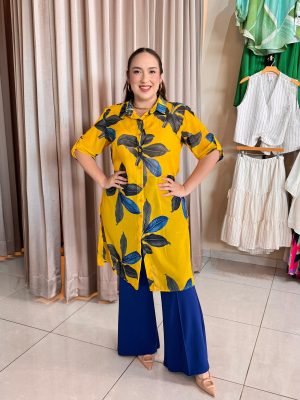 BLUSÓN CAMISERO AMARILLO CON HOJAS AZULES 25102