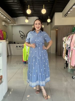VESTIDO MIDI CAMISERO AZUL CELESTE BORDADO 251054