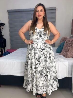 Vestido largo con estampado botánico en blanco y negro 4886