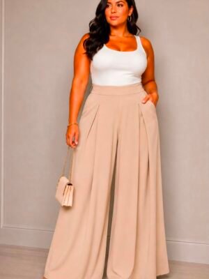 Pantalón Palazzo Curvy Beige de Cintura Alta