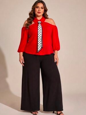 Blusa Curvy  con Hombros Descubiertos y corbata de Lunares
