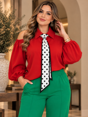 Blusa Curvy  con Hombros Descubiertos y corbata de Lunares JT0916