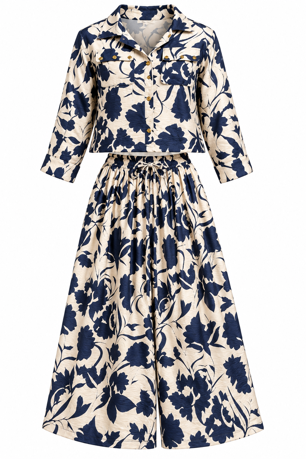 Conjunto floral marfil y azul marino